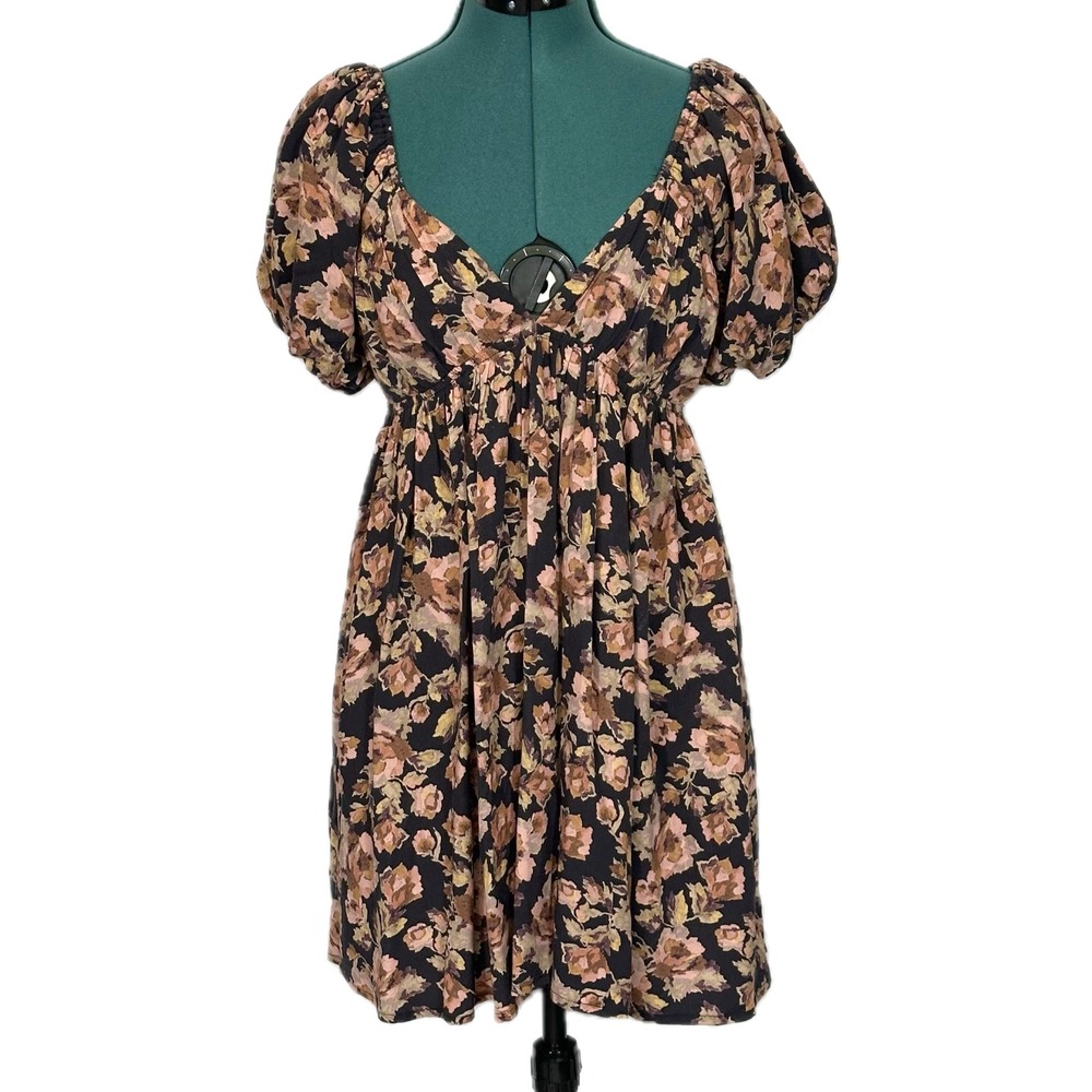 Saltwater Luxe Mini Dress Floral Puff‎ Sleeve Open Back Small Black Boho